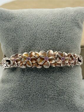 Floral sterling Silver Hawaiian plumeria Bracelet cuff  with Pink Stones